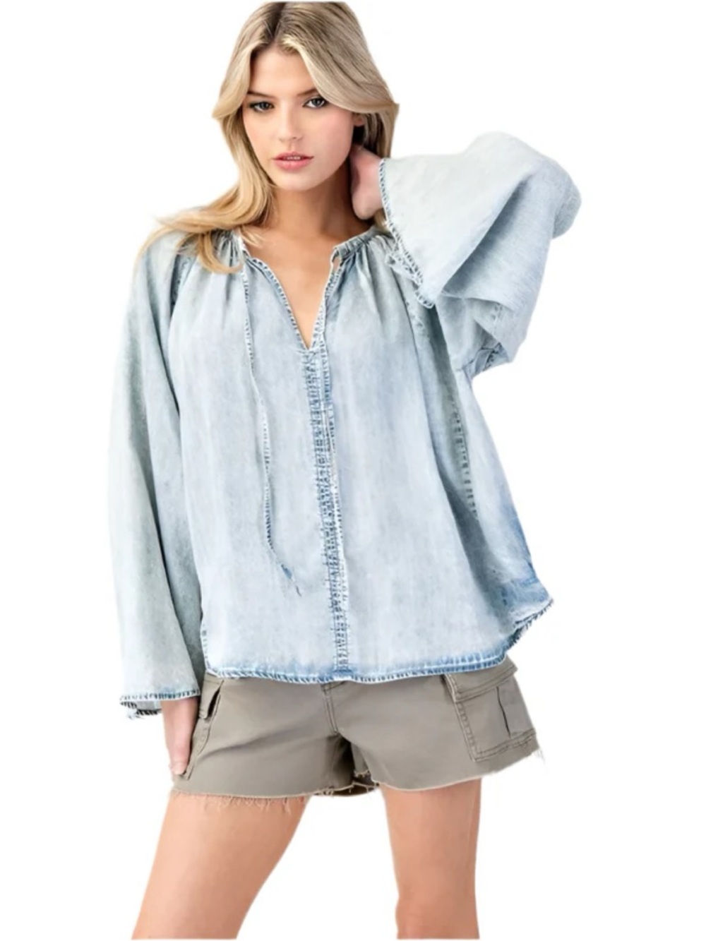 eesome Light Blue Washed Denim V-Neck Top-size M-NWT